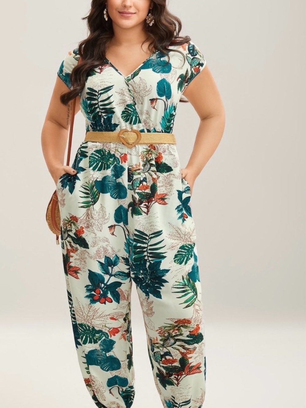 BloomChic 2X Floral Leaf Print Cream Jumpsuit with Teal Accents